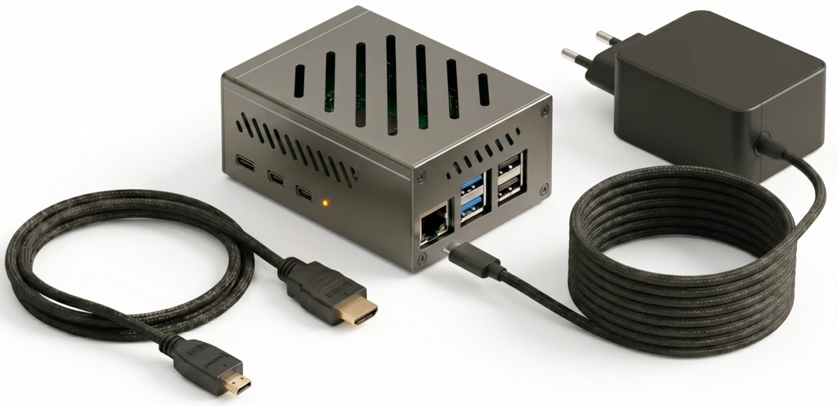 Die Maklerscreen-Box: gehärtete Industrie-Hardware mit HDMI-Kabel und Netzteil