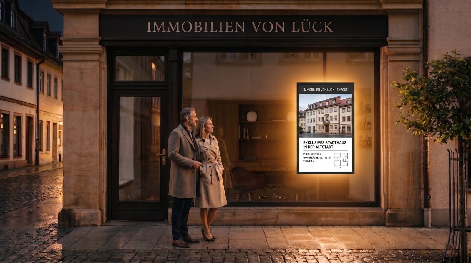 Digitales Schaufenster eines Immobilienmaklers am Abend: ein leuchtendes Hochkant-Display zeigt ein aktuelles Objekt im Schaufenster.